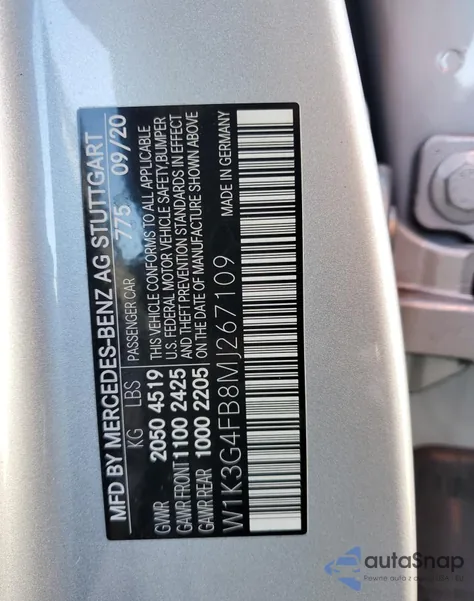 2021 Mercedes-Benz A 220 4Matic z USA, uszkodzony, nr VIN W1K3G4FB8MJ267109